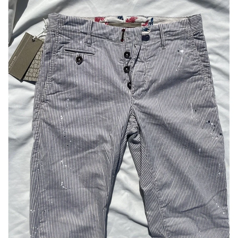 INCOTEX Seersucker Pants Men 28 Cotton Linen Paint Splatter Striped Slim Fit